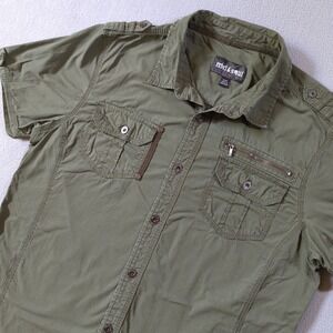 Rebel & Soul Button Up Shirt Mens XL Green Short Sleeve Utility Epaulettes